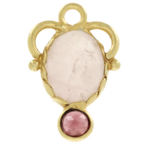 Ciondolo ovale di quarzo rosa 8x6 mm con cabochon di granato 3 mm - Dorato con oro fino x1