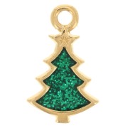 Ciondolo albero di Natale 17x10 mm in resina epossidica - Dorato con oro fino - Brillantini verdi x1