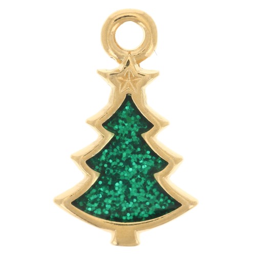Ciondolo albero di Natale 17x10 mm in resina epossidica - Dorato con oro fino - Brillantini verdi x1