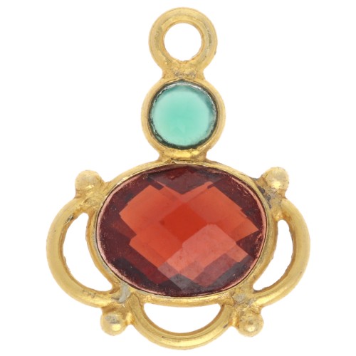 Ciondolo ovale di granato 8x6 mm con cabochon di onice verde 3 mm - Dorato con oro fino x1