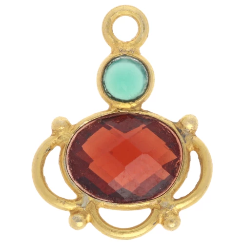 Ciondolo ovale di granato 8x6 mm con cabochon di onice verde 3 mm - Dorato con oro fino x1