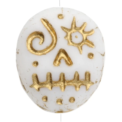 Perle di vetro Woodoo Funny Face 16x14 mm - Bianco - Dorato x5