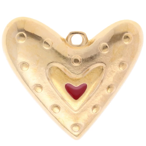 Pendente a cuore 22x24 mm in resina epossidica - Dorato con oro fino - Rosso x1