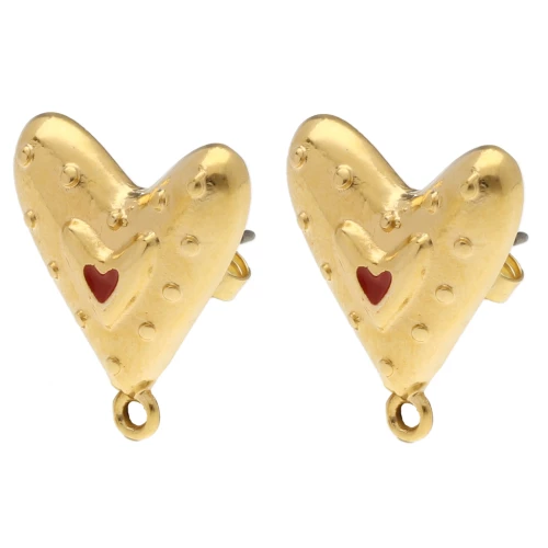 Orecchini a cuore 20x17 mm in resina epossidica - Dorato con oro fino - Rosso x2