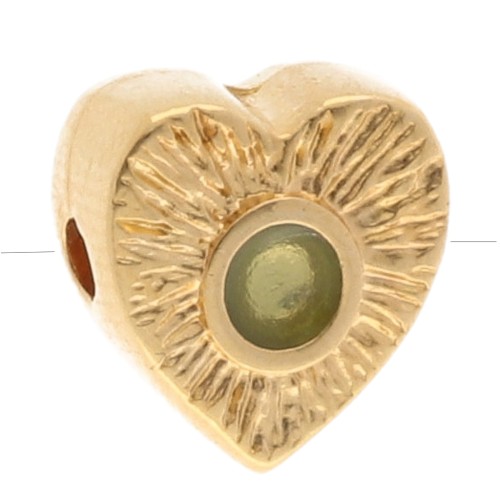 Perla cuore Striato 10x9 mm con tondo in resina epossidica - Dorato con oro fino - Verde pallido