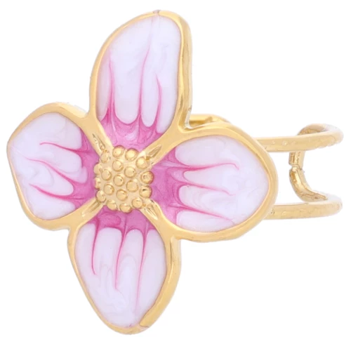 Anello a fiore 23x21 mm con resina epossidica - Acciaio inossidabile 304L Dorato - Rosa perlato x1
