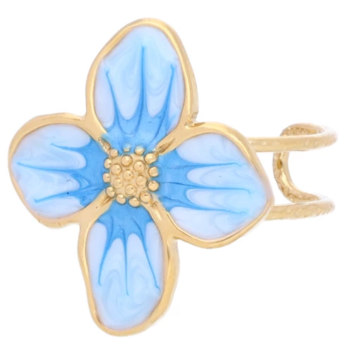 Anello a fiore 23x21 mm con resina epossidica - Acciaio inossidabile 304L Dorato - Perla azzurra