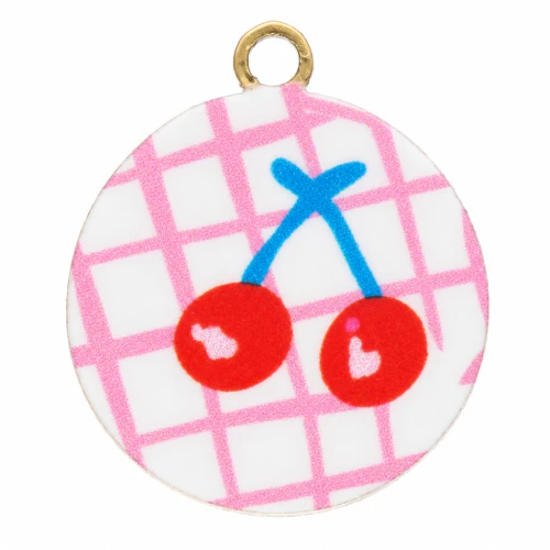 Ciondolo rotondo da 10 mm con stampa UV - Ciliegie - Acciaio inossidabile 304L Dorato - Rosa - Rosso