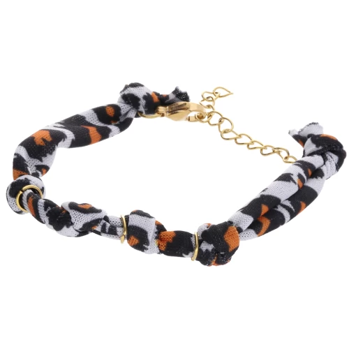 Bracciale in tessuto annodato con 3 anelli - Acciaio inossidabile 304L Dorato - Leopardo x18cm