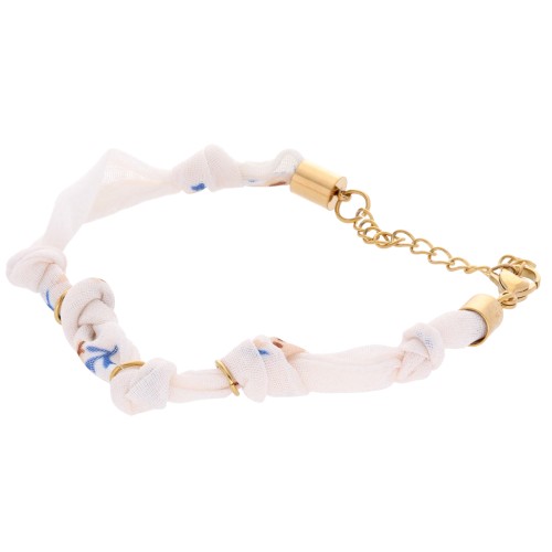 Bracciale in tessuto a fiori legati con 3 anelli - Acciaio inossidabile 304L Dorato - Avorio x18cm