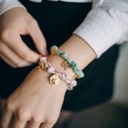 Bracciale a fiori in tessuto legato con 3 anelli - Acciaio inossidabile 304L Dorato - Menta x18cm