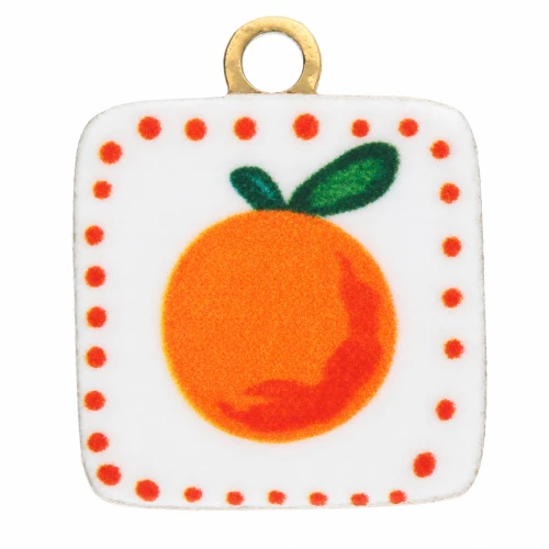 Ciondolo quadrato 9,5x8 mm Stampa UV - Arancione - Acciaio inossidabile 304L Dorato - Bianco x1