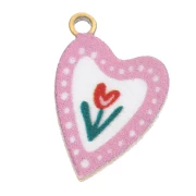 Ciondolo a cuore 12x8 mm stampato UV - Tulipano - Acciaio inossidabile 304L Dorato - Rosa x1