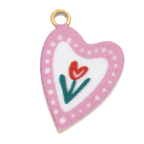 Ciondolo a cuore 12x8 mm stampato UV - Tulipano - Acciaio inossidabile 304L Dorato - Rosa x1