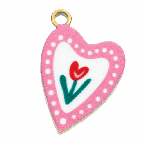 Ciondolo a cuore 12x8 mm stampato UV - Tulipano - Acciaio inossidabile 304L Dorato - Rosa x1