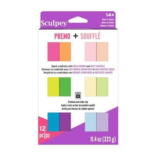 Assortimento di 12 colori per pasta Premo e Soufflé - Neon e Pastello