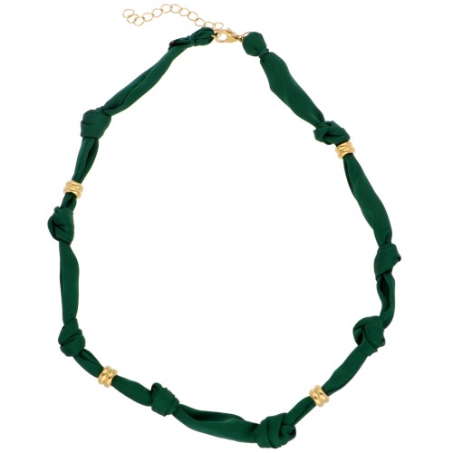 Collana annodata in tessuto con perle in acciaio inossidabile 304 Dorato - Verde foresta x47cm