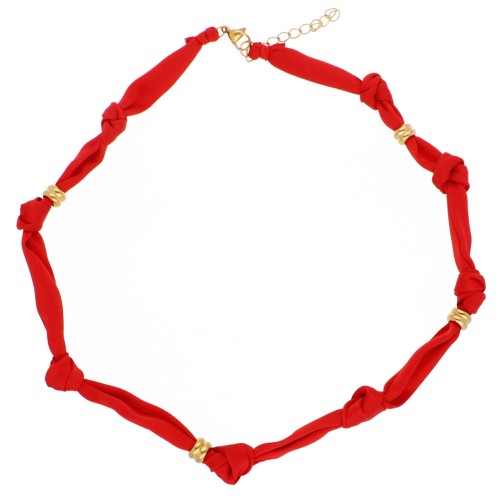 Collana annodata in tessuto con perle in acciaio inossidabile 304 Dorato - Rosso x47cm