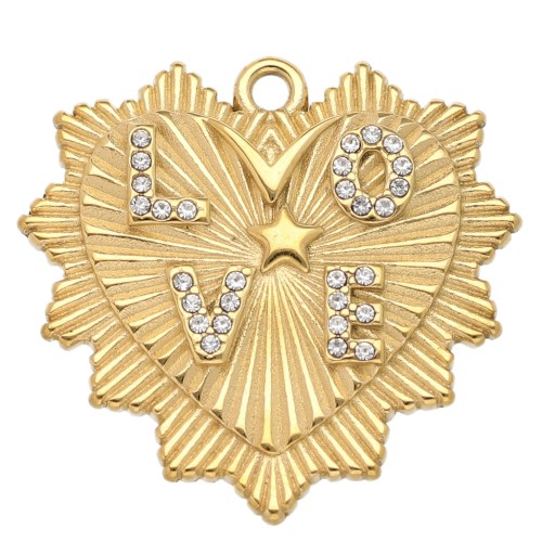 Pendente a cuore 29x30 mm Motivo d'amore con strass - Acciaio inossidabile 304L Dorato x1