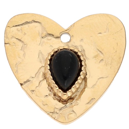 Pendente a cuore martellato 17x18 mm - vetro cabochon 304 acciaio inossidabile, Dorato - Nero x1