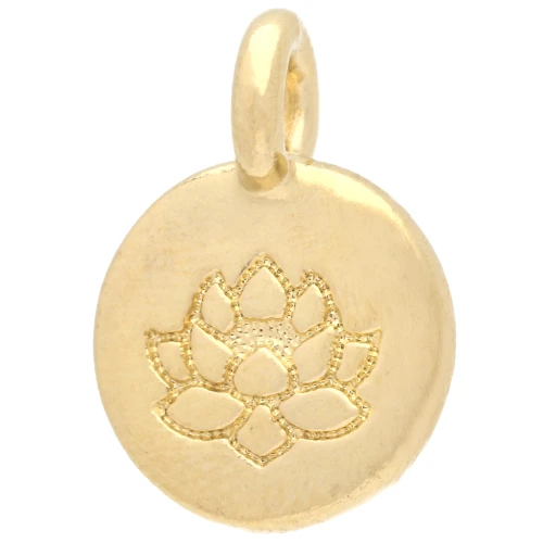 Ciondolo rotondo da 12 mm - Motivo fiore di loto - Dorato con oro fino x1