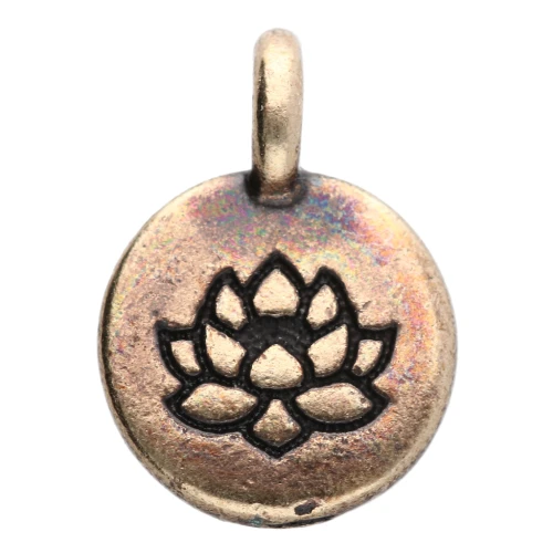 Ciondolo rotondo da 12 mm - motivo fiore di loto - Bronzo x1