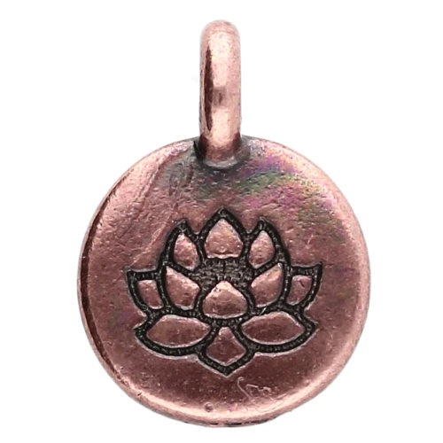 Ciondolo rotondo da 12 mm - motivo fiore di loto - Rame invecchiato x1