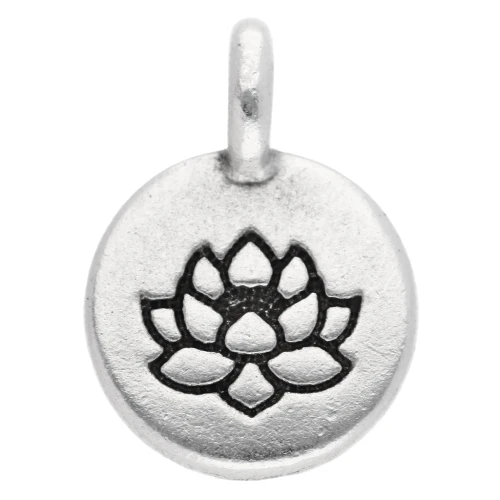 Ciondolo rotondo da 12 mm - Motivo fiore di loto - Placcatura in argento antico x1