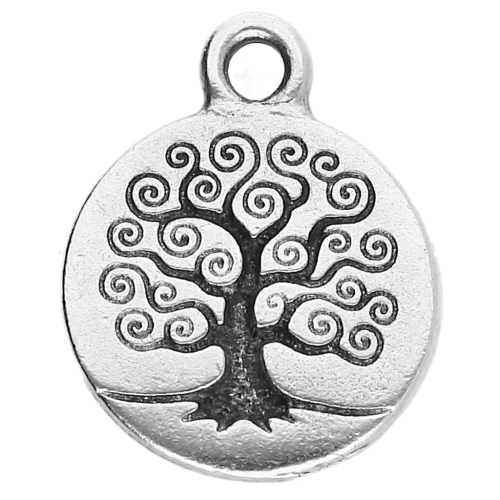 Ciondolo rotondo da 15,5 mm - motivo dell'albero della vita - Placcatura in argento invecchiato x1