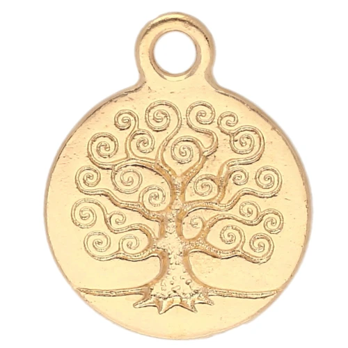 Ciondolo rotondo da 15,5 mm - Motivo dell'albero della vita - Dorato con oro fino x1