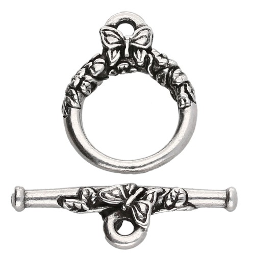 Chiusura a T rotonda da 15 mm - motivo a farfalla - Placcatura in argento antico x1