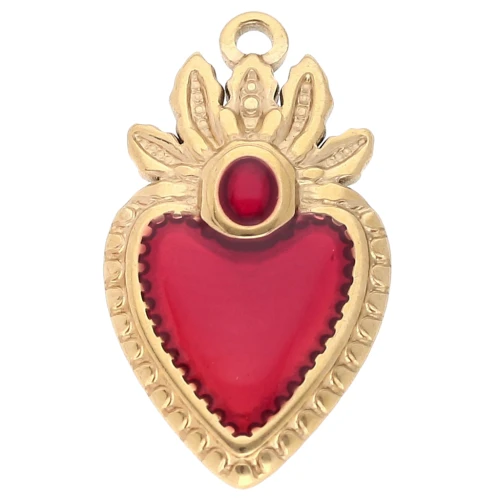 Ex-voto pendente a forma di cuore 28x16 mm in resina epossidica 304 in acciaio inossidabile Dorato - Rosso x1