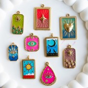 Pendente per i Tarocchi 26x15 mm La Luna in resina epossidica - Acciaio inossidabile 304 Blu Dorato x1