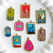 Pendente per i Tarocchi 26x15 mm La Luna in resina epossidica - Acciaio inossidabile 304 Blu Dorato x1