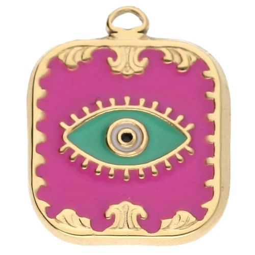 Pendente a forma di occhio rettangolare 20x16mm Resina epossidica 304 Acciaio inossidabile Dorato Fucsia x1