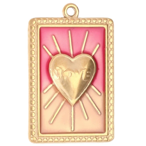 Pendente rettangolo motivo cuore in resina epossidica 28x18 mm acciaio inossidabile 304 Dorato x1