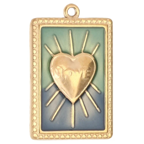 Pendente rettangolo motivo cuore in resina epossidica 28x18 mm acciaio inossidabile 304 Dorato Blu x1