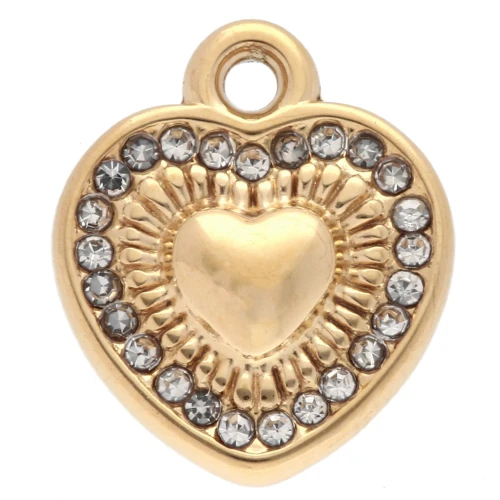 Ciondolo a forma di cuore 13x11 mm con strass - Acciaio inossidabile 304 Dorato - Cristallo x1
