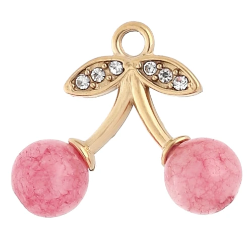 Ciondolo a forma di ciliegia 15x18 mm con resina e strass - Acciaio inossidabile 304, Dorato - Rosa x1