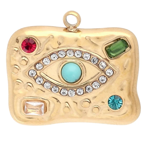 Pendente rettangolare 19x21 mm con motivo a occhio e strass in acciaio inossidabile 304 Dorato - Multicolore