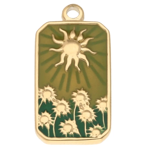 Pendente a forma di sole rettangolare 26x13 mm in resina epossidica 304, acciaio inossidabile, Dorato - Verde