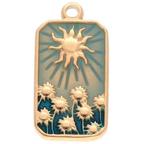 Rettangolo con motivo Sole 26x13 mm in resina epossidica 304 acciaio inossidabile Dorato Blu
