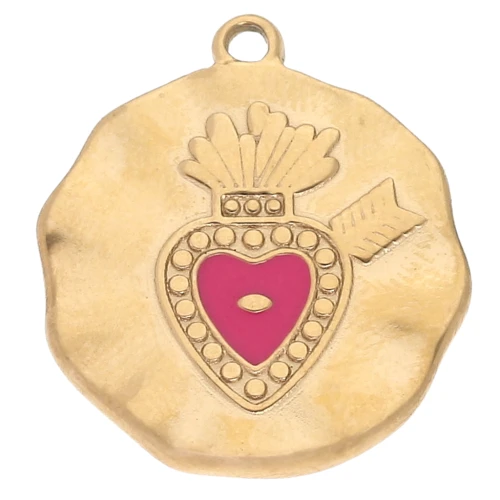 19 mm cuore rotondo Ex voto pendente Resina epossidica 304 acciaio inossidabile Dorato rosa x1