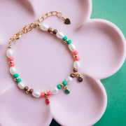 Ciondolo rotondo sfaccettato da 5 mm - Calcedonio rosa - Dorato con oro fino x1