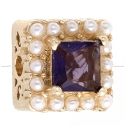Perla quadrata di 9 mm - Cabochon di madreperla e ossido di zirconio - Dorata in oro fino - Viola