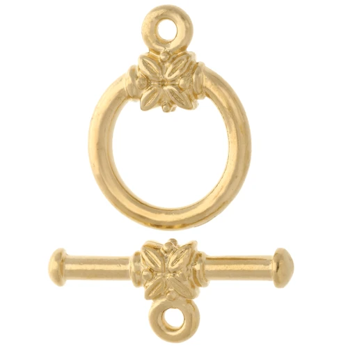 Chiusura a T rotonda da 16 mm - motivo a fiore - Dorato con oro fino x1