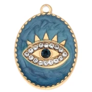 Pendente ovale a forma di occhio 20x15 mm - epossidico e strass - Acciaio inossidabile 304 Gold - Blu