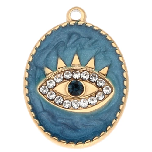 Pendente ovale a forma di occhio 20x15 mm - epossidico e strass - Acciaio inossidabile 304 Gold - Blu