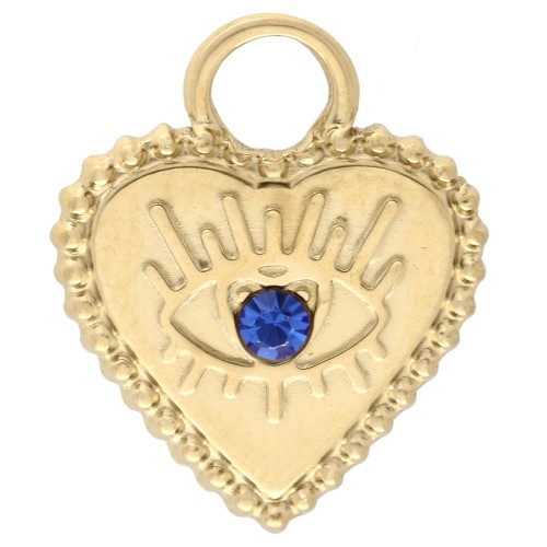 Ciondolo a forma di cuore 15,5x13 mm con strass - Acciaio inossidabile 304 Gold - Blu x1