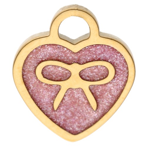 Ciondolo a cuore 10x9 mm con fiocco e motivo epossidico - Acciaio inossidabile 304 Gold - Glitter rosa